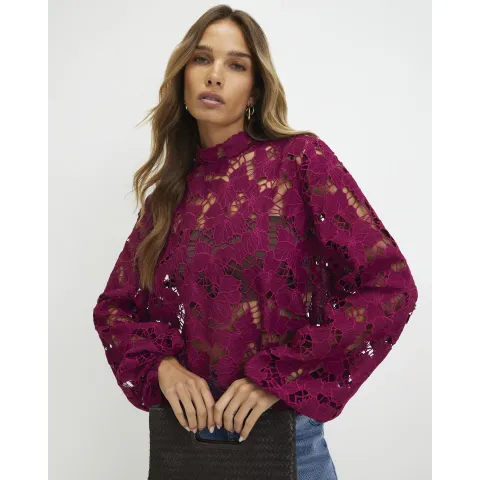 River Island Burgundy Cutwork Blouse