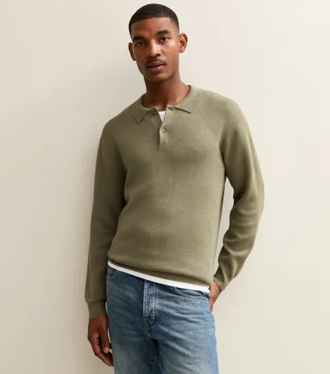 Men's Khaki Relaxed Fit Long Sleeve Button Polo Shirt