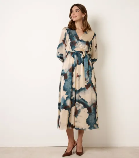 Women's Blue Pattern Wrap Midi Dress