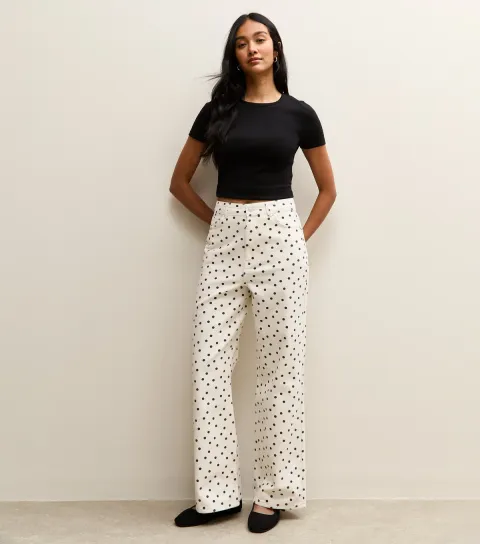 Women's White Denim Polka Dot Wide Leg Jeans