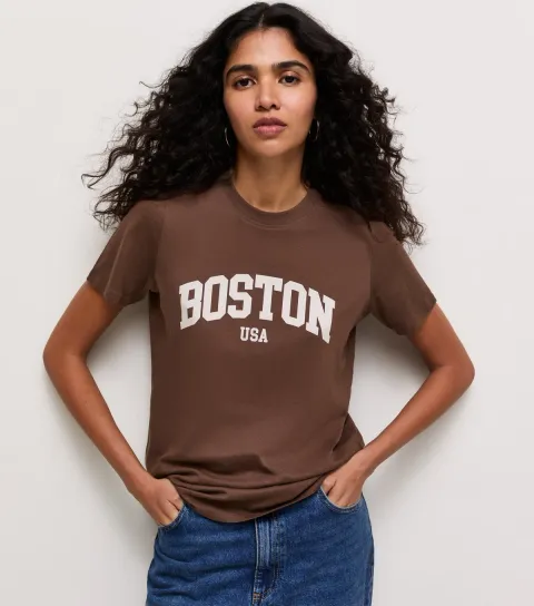 Women's Dark Brown Cotton Boston Logo Relaxed T-Shirt