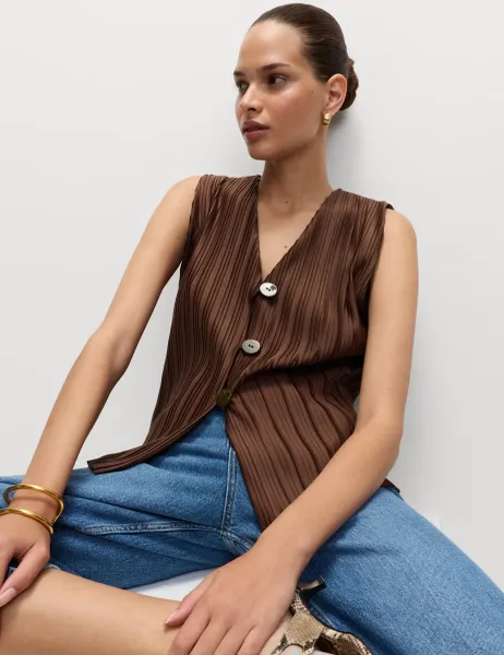 Marks & Spencer Plisse V-Neck Button Through Waistcoat Chocolate