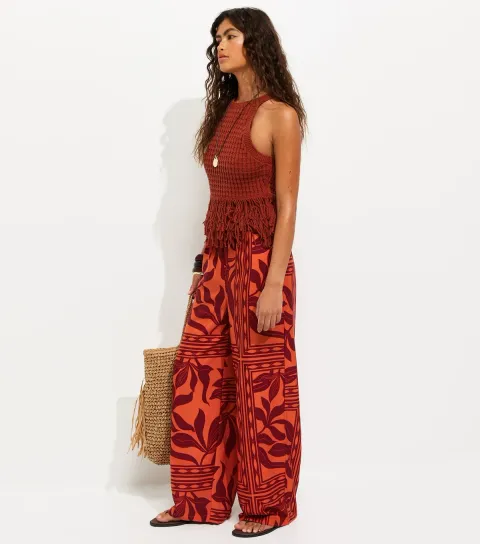 Women's Red Crepe Leaf Pattern Wide Leg Trousers
