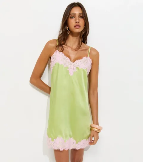 New Look Women's Green Satin Lace Trim Lace Mini Dress