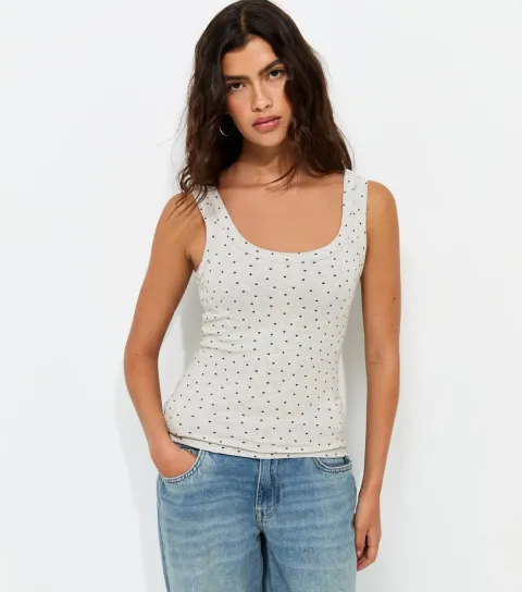 Women's Grey With Cotton Spot Print Wide Strap Scoop Neck Vest Top