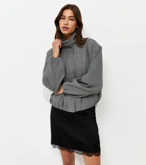 Women's Grey High Neck Bubble Hem Jacket