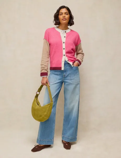 White Stuff Wool Blend Colour Block Cardigan with Cotton Pink Mix