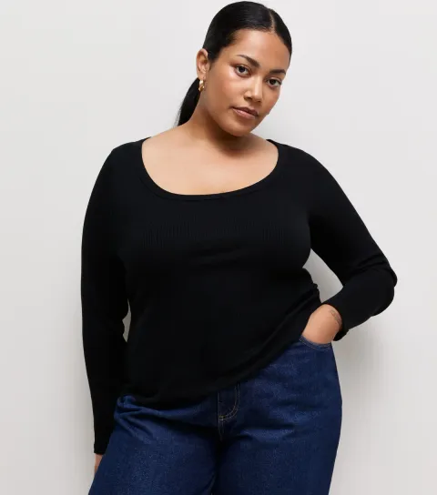 New Look Women's Plus Size Black Cotton Rich Long Sleeve Ribbed Scoop Neck Top Curves