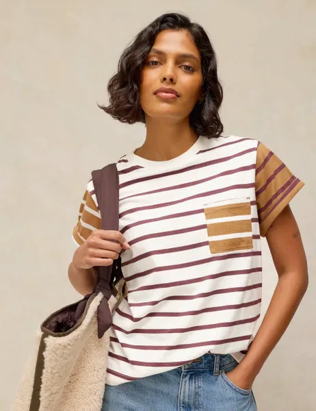 White Stuff Pure Cotton Striped Crew Neck T-Shirt White Mix
