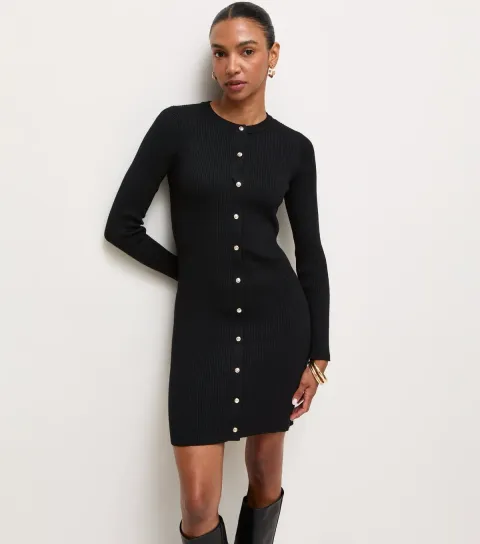 Women's Black Lightweight Knit Button Front Mini Dress