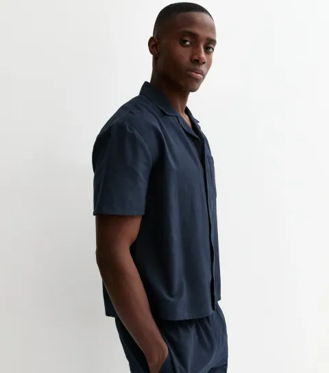 New Look Men's Navy Boxy Cotton Revere Collar Shir