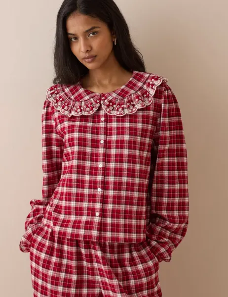 Nobody's Child Pure Cotton Brushed Checked Frill Pyjama Top