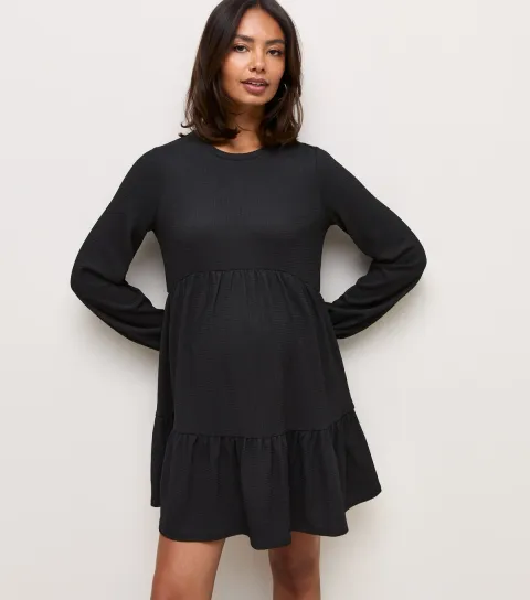 Women's Maternity Black Long Sleeve Crinkle Texture Smock Mini Dress