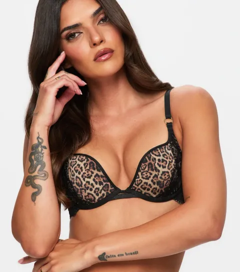Women's Brown Satin Leopard Print Padded Plunge Bra