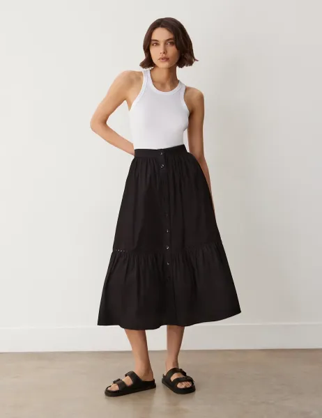 Finery London Pure Cotton Midi Tiered Skirt Black