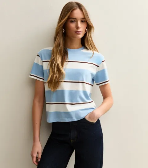 Women's Light Blue Cotton Striped Boxy T-Shirt