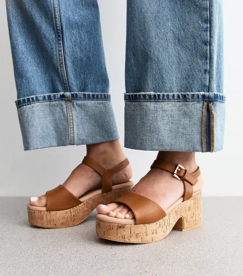 Women's Wide Fit Tan Brown Raffia Platform Sole Sandals Vegan
