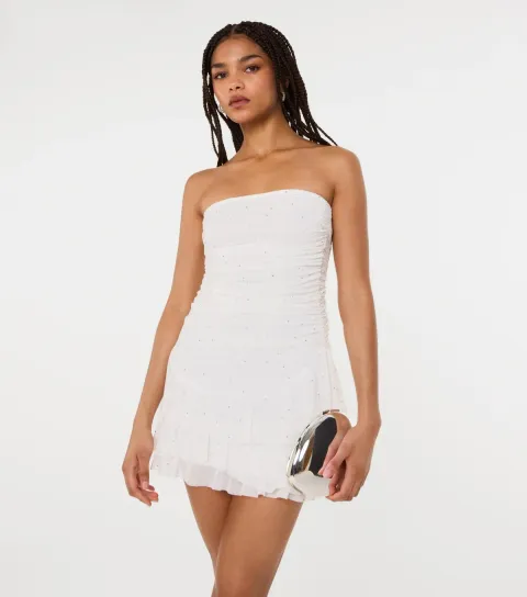 Women's Off White Diamante Ruffle Mini Dress