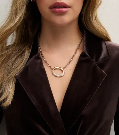 New Look Gold Tone Oval Diamante Pendant Chain Necklace