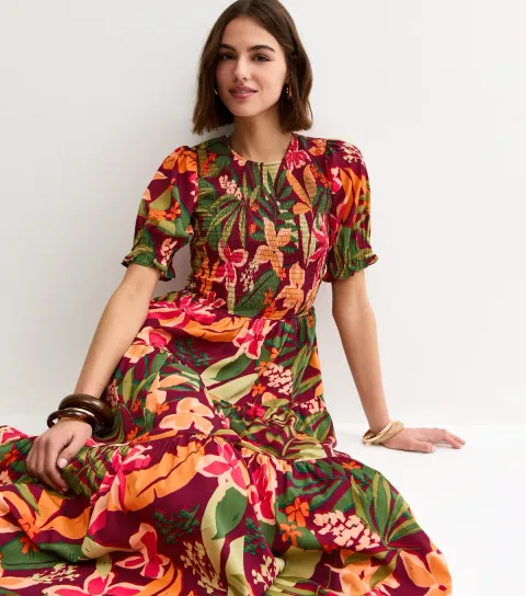 Women's Red Tropical Floral Print Crepe Smock Shirred Midi Dress