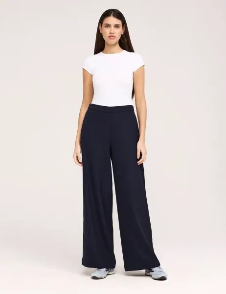 Finery London Twill Elasticated Waist Wide Leg Trousers Navy