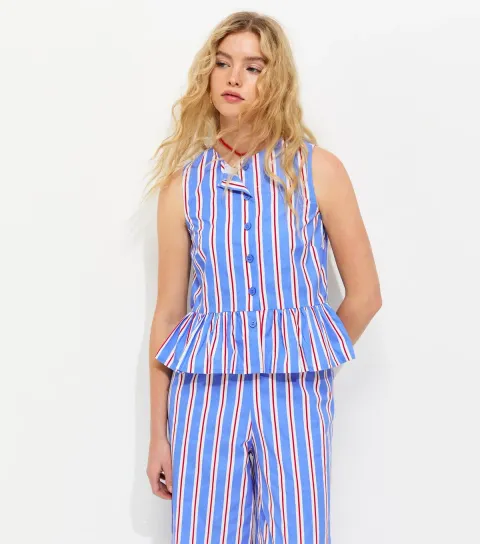 Women's Blue Striped Peplum Hem Button Front Top