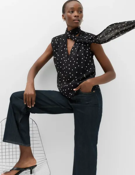 Marks & Spencer Polka Dot V-Neck Scarf Detail Top Black Mix