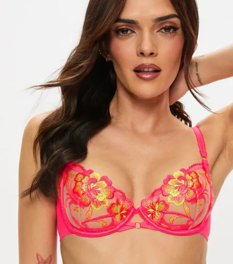 Women's Bright Pink Tropical Oasis Non Padded Plunge Bra