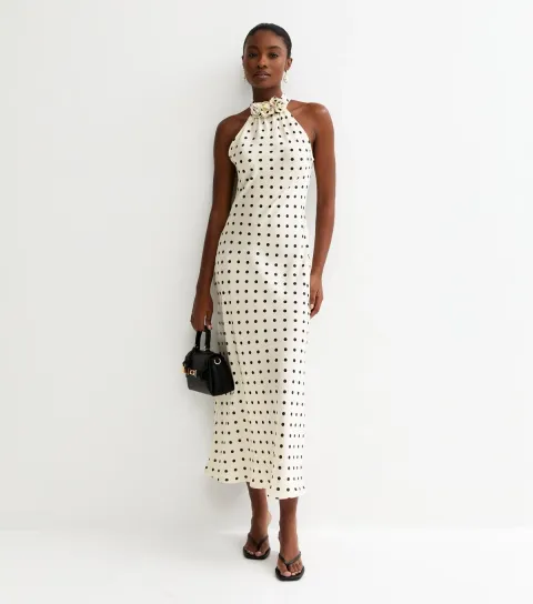 Women's Cream Satin Polka Dot Floral Appliqued Halter Neck Midi Dress