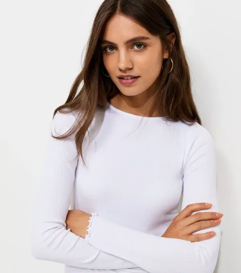 New Look Women's White Cotton Rich Babylock Slash Neck Long Sleeve Top