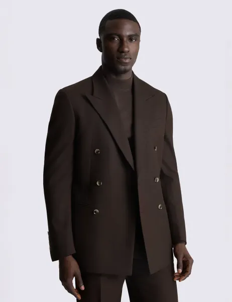 Moss Relaxed Fit Flannel Double Breasted Suit Jacket Brown