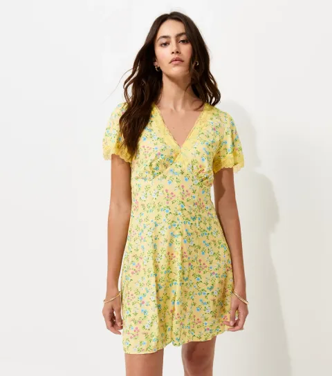 Women's Yellow Floral Print Lace Trim V-Neck Faux Button Mini Dress