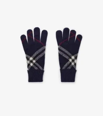Check Cashmere Blend Gloves in Ink blue