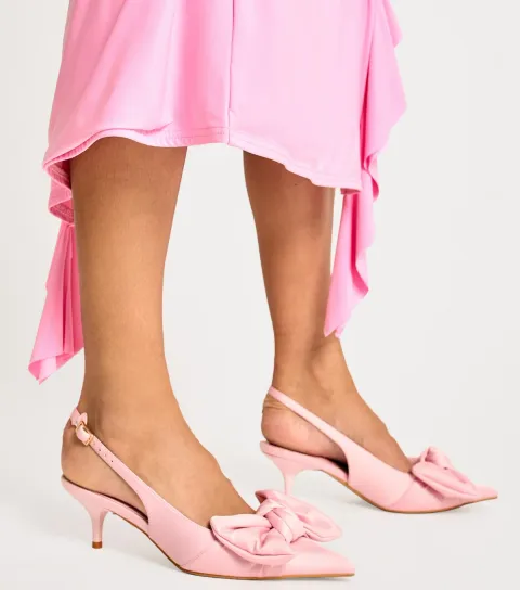 Women's Light Pink Iris Satin Bow Court Midi Heeled Sandals