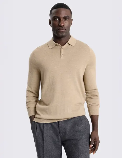 Moss Merino Wool Rich Knitted Polo Shirt Camel