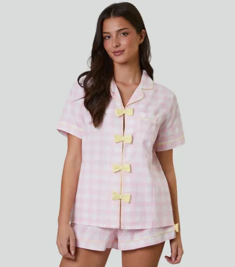 Women's Pink Checked Bow Trim Pyjama Set
