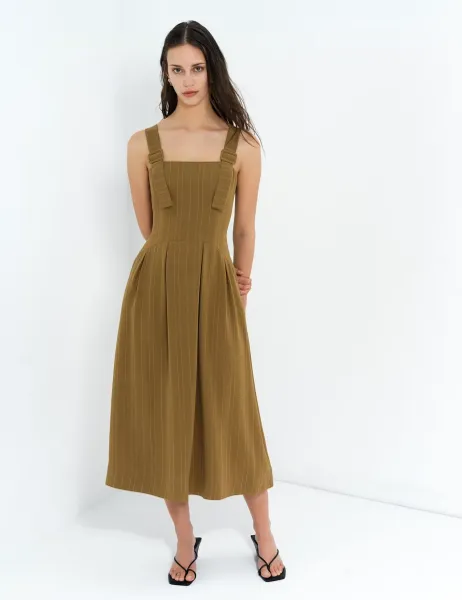 French Connection Pinstripe Square Neck Maxi Waisted Dress Green Mix