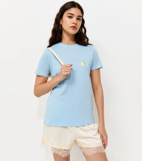 New Look Women's Light Blue Cotton Lemon Print Relaxed Fit T-Shirt