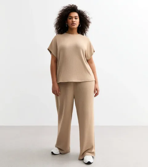 Women's Plus Size Mink Textured Wide Leg Trousers Curves