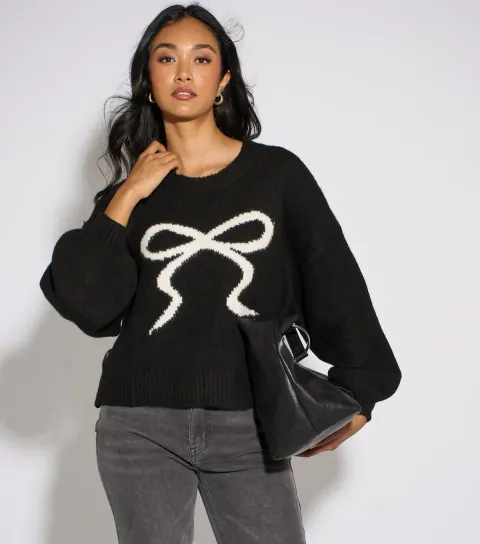 Gini London Women's Black Bow Pattern Knitted Jumper