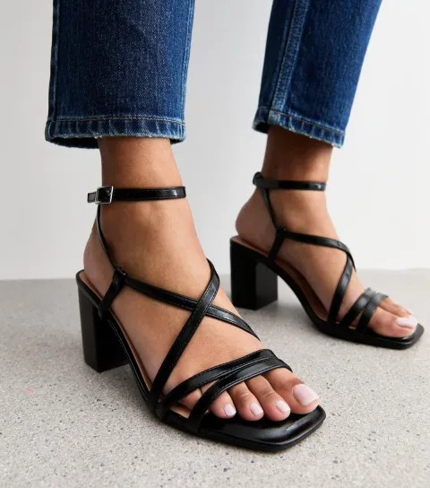 Women's Black Faux Leather Block Heel Multi Strap Sandals Vegan