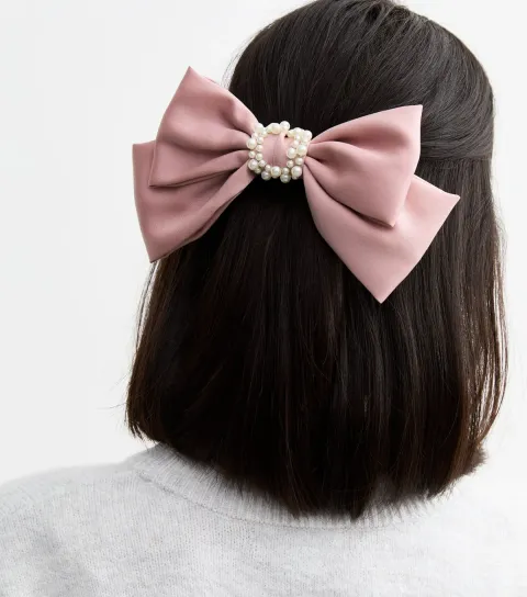 Pink Faux Pearl Embellished Crepe Bow Hair Slide
