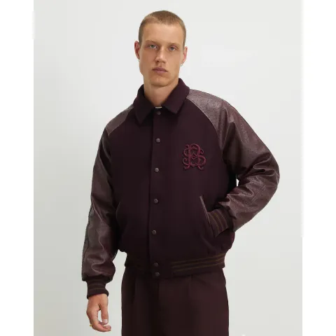 River Island Burgundy Faux Leather Varsity Bomber Jacket