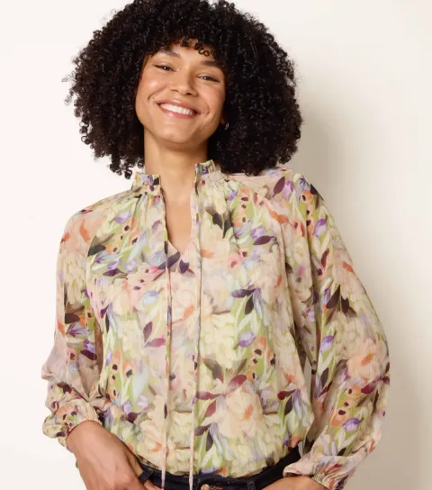 Blue Vanilla Women's Green Floral Print Tie Front Blouse
