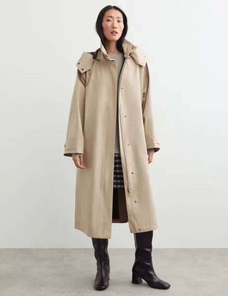Jaeger Waterproof Oversized Hooded Longline Raincoat with Wool Taupe