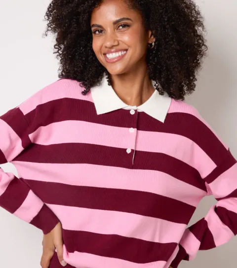 Women's Dark Burgundy Striped Long Sleeve Polo T-Shirt