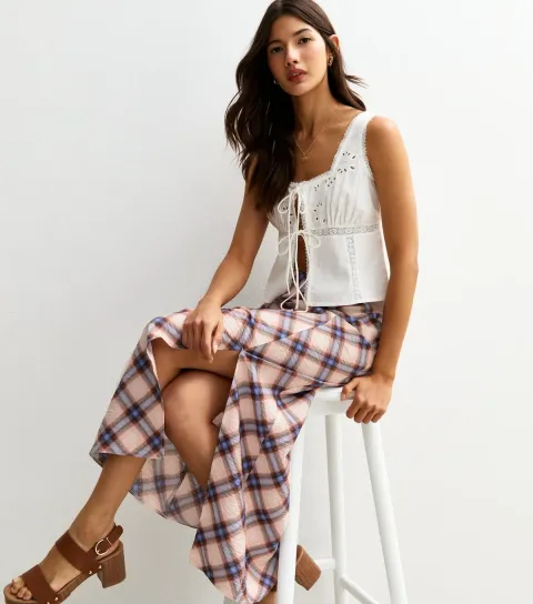 New Look Women's Blue Check Print Side Slit Midi Skirt
