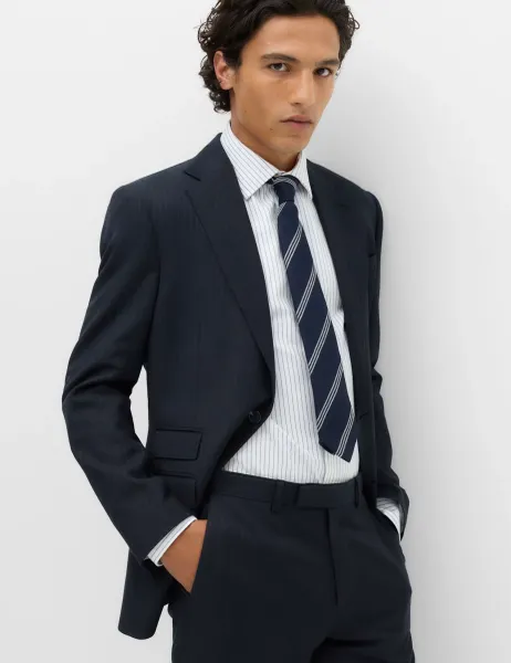 Regular Fit Pure Wool Striped Suit Jacket Navy