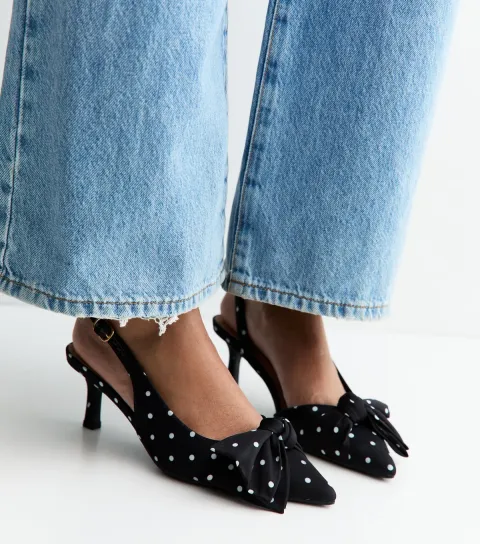 Women's Black Satin Polka Dot Slingback Court Shoes Vegan