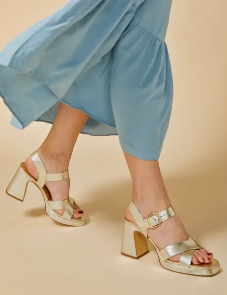 Jones Bootmaker Leather Buckle Block Heel Sandals Gold